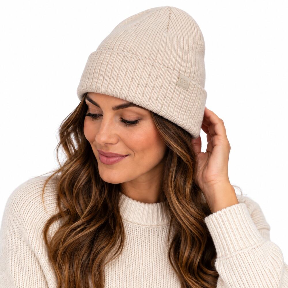 Calia Womens Logo Beanie Hat Cream Stretch Rib Knit Cozy Fall Winter Cap